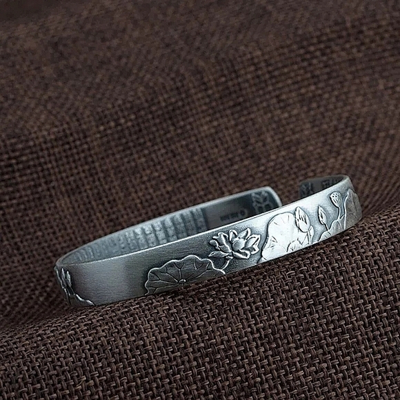 NEW Brushed 999 Pure Silver Lotus Flower Heart Sutra Bracelet - Picture 7 of 11